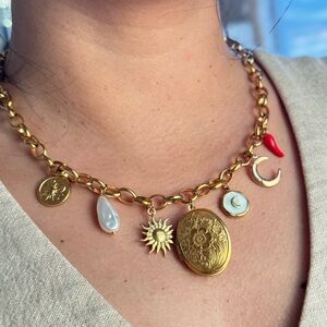 Gold Charm Necklace with Sun and Moon Pendants
